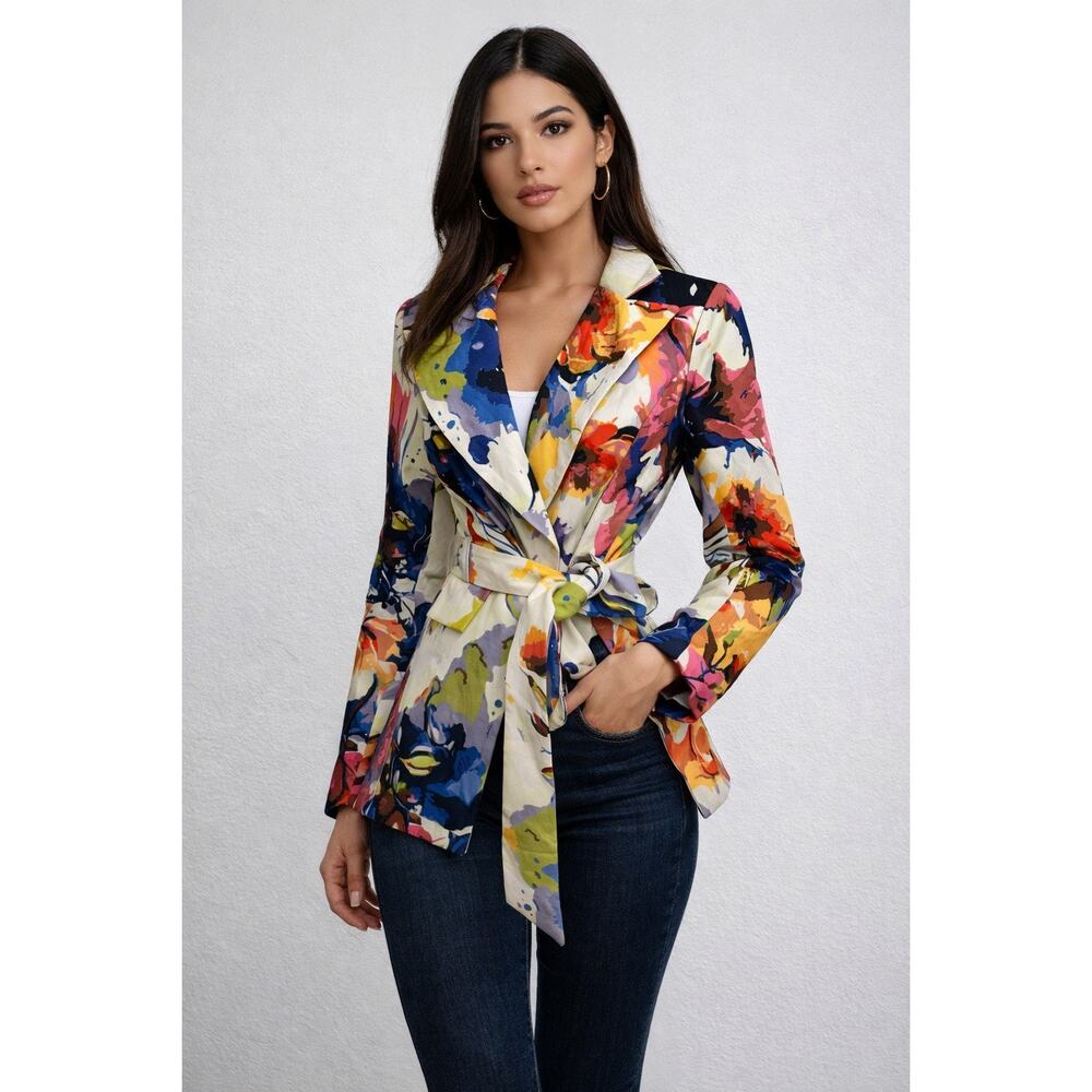 LOVE Highlights Bright Colorful Floral Long Sleeve Button Up Shoulder Pad Blazer